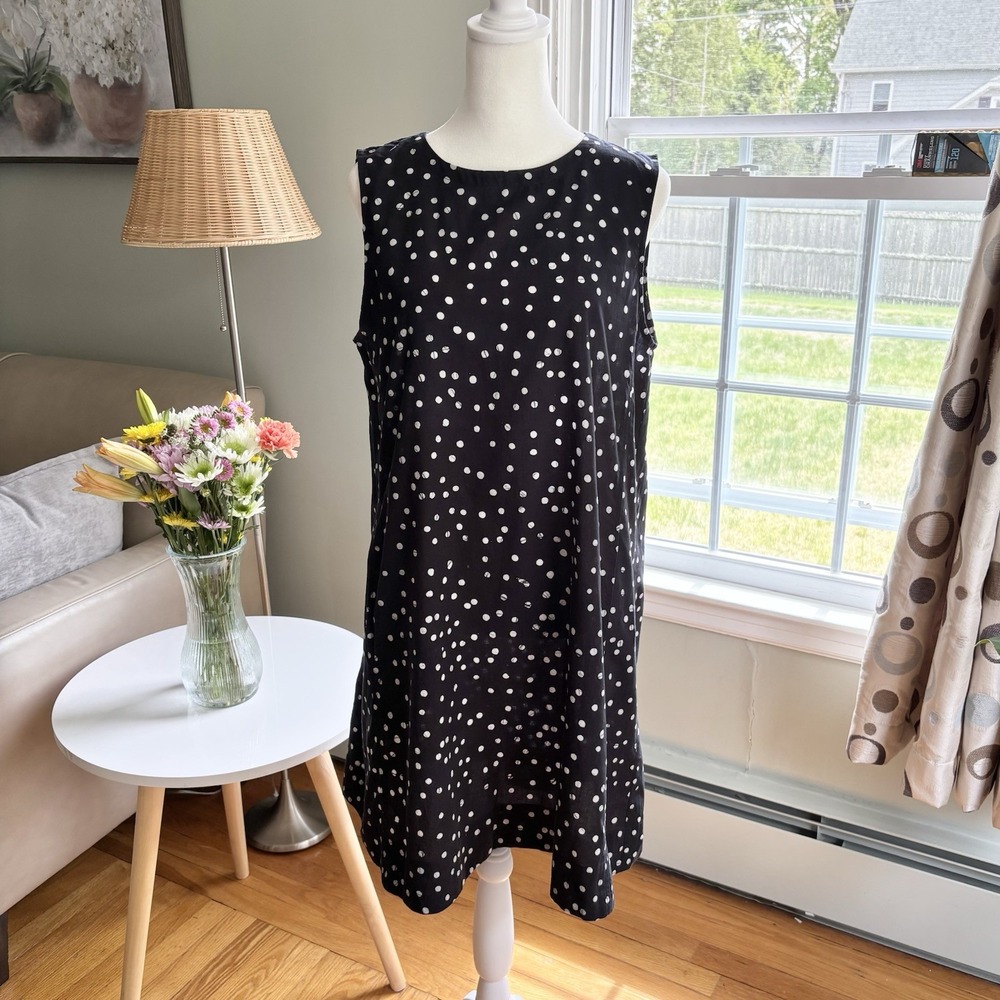 Eileen Fisher Organic Cotton Sleeveless Dress Size PM Black White Polka Dot - Picture 2 of 15